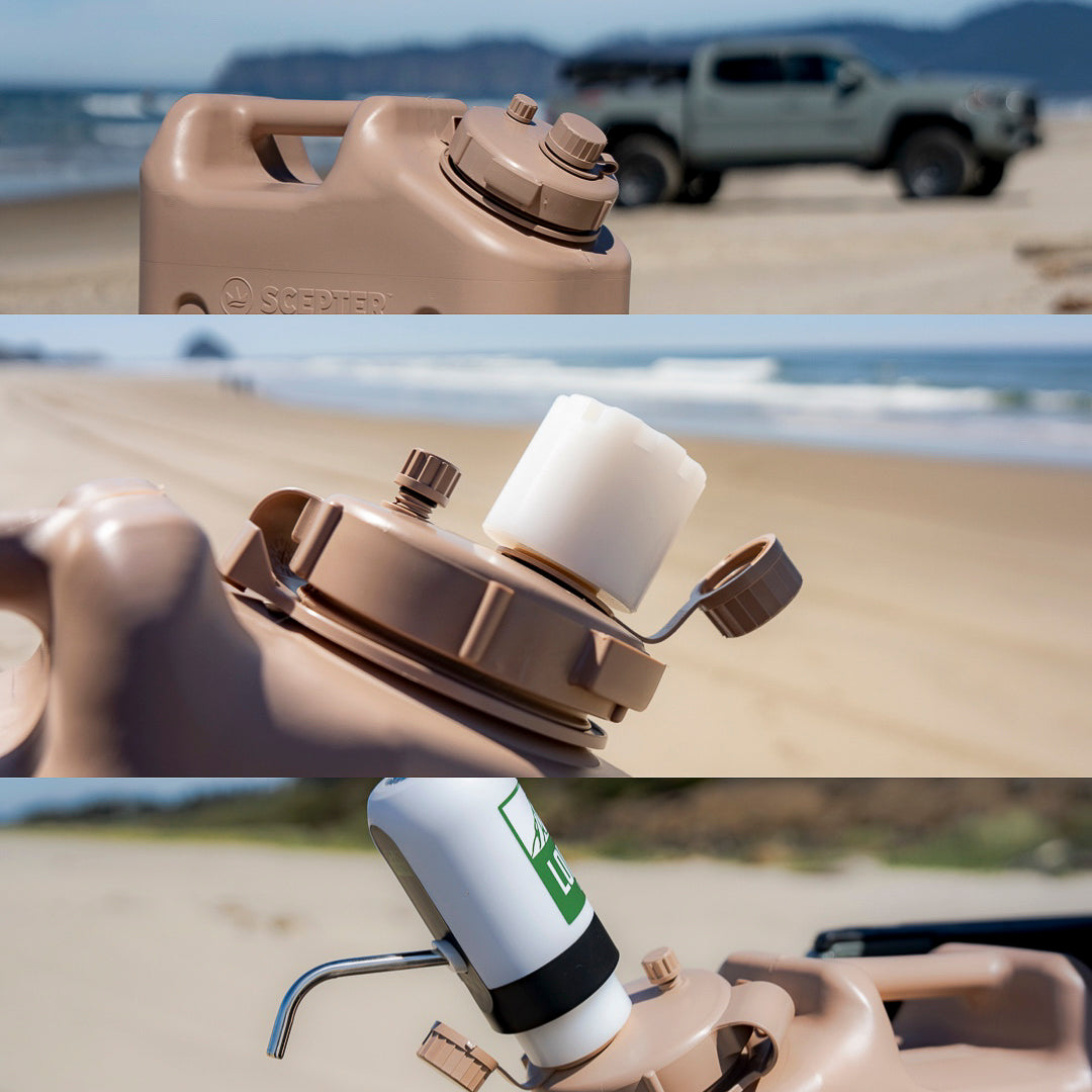 Three-panel guide showing the Lone Rock Concepts pump and adapter installing on a tan Scepter water can at the beach