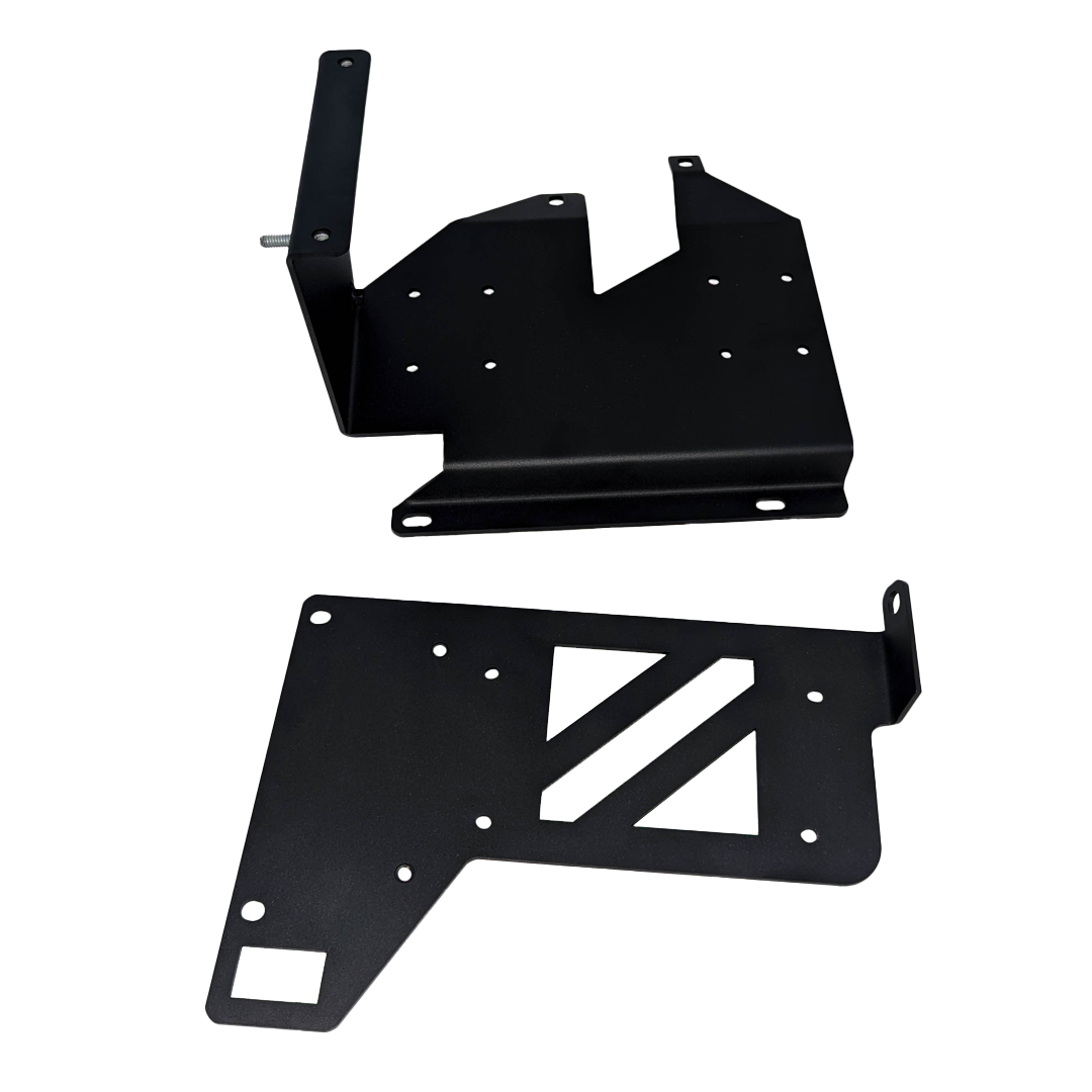 Two black mount plates laid out on a black background