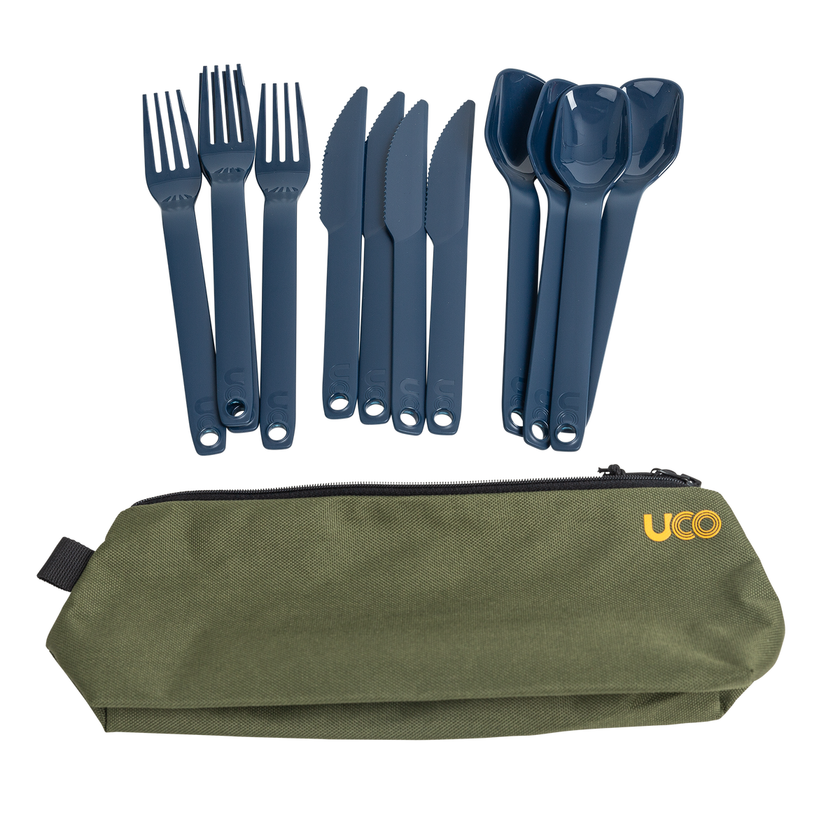 Navy blue forks, knives, and spoons from the UCO ECO 12-Piece Utensil Set fanned out beside their olive green zippered case