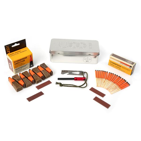 UCO Fire Starting Kit contents laid out, including Sweetfire fire starters, striker, and matches