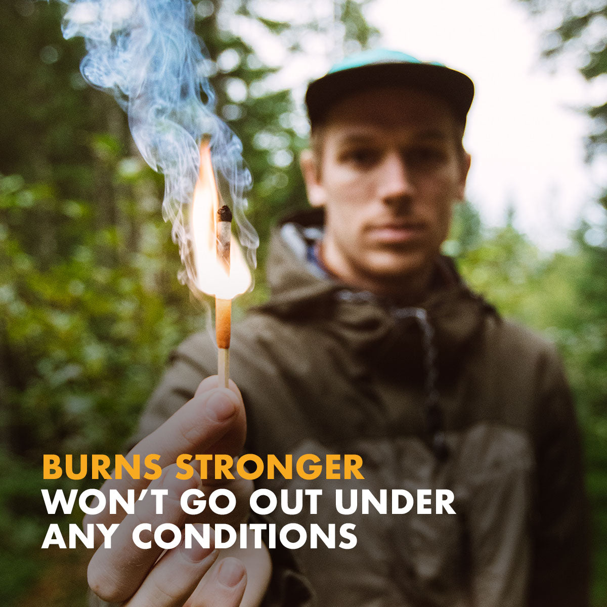 Infographic reading 'Extra long match length, extended length allows for added safety to avoid burning fingertips'