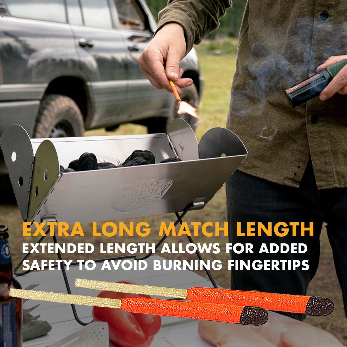 Infographic showing a hand splitting wood, text reads 'Perfect for emergency and storm prep, campfires, stoves, gas BBQ, and more'