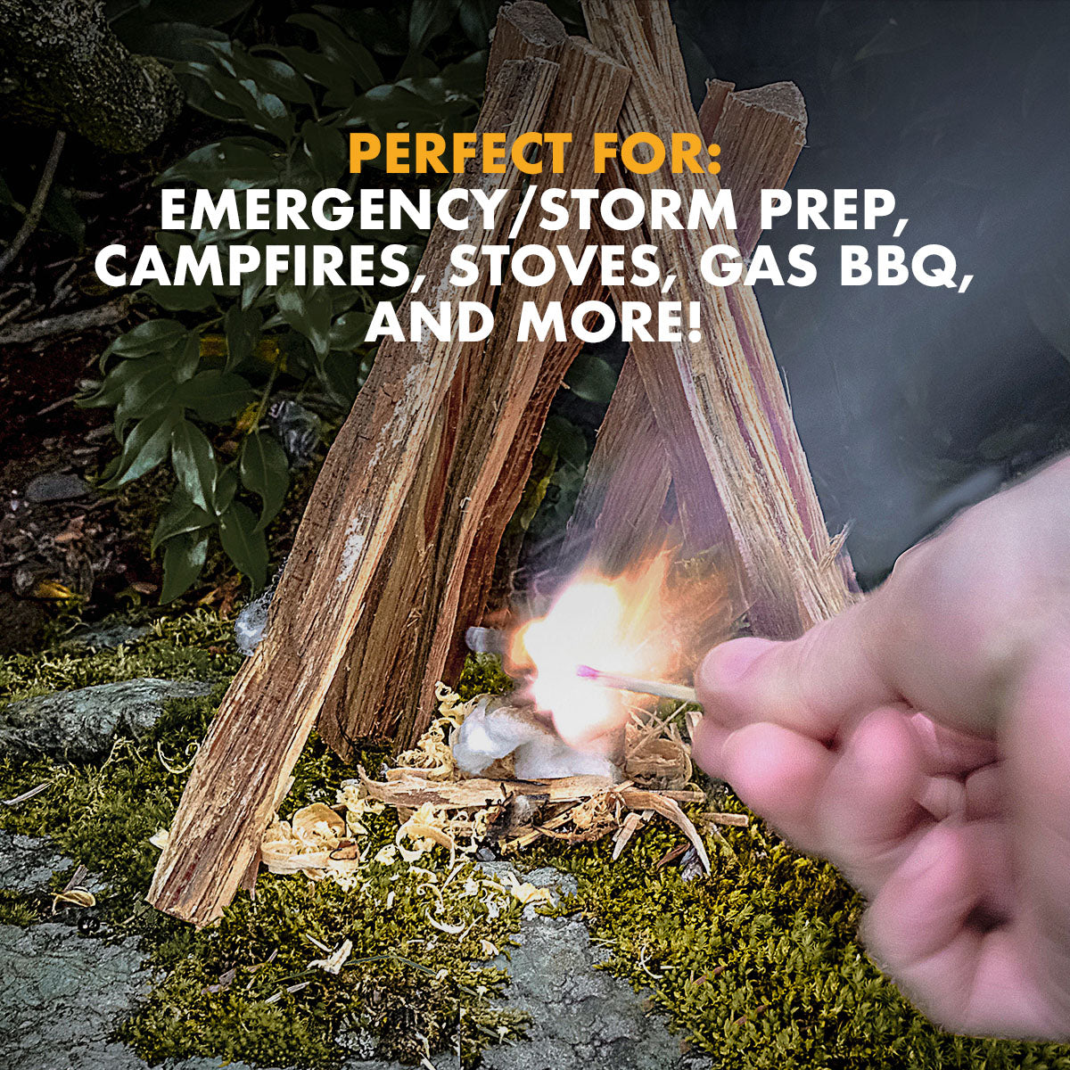 Infographic showing an orange waterproof match case on a rock near a fire, text reads 'Waterproof case, durable, waterproof case floats and keeps contents dry and protected'