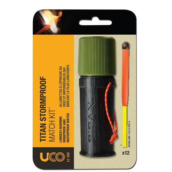 UCO Titan Stormproof Match Kit blister pack packaging showing a 12-pack of matches with striker