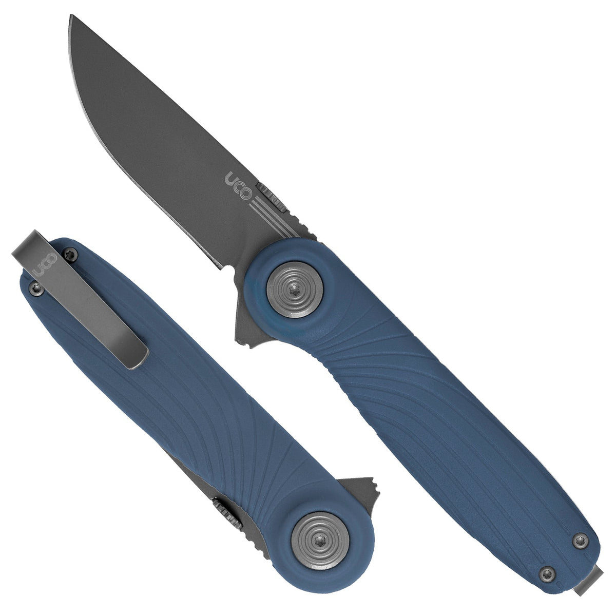 Navy blue UCO Whidbey Mini folding knives shown both open and closed side by side