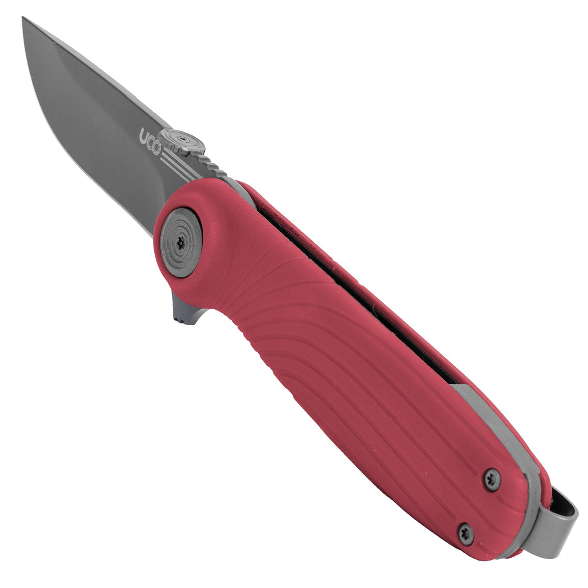 Red UCO Whidbey Mini folding knife open, product shot on white background