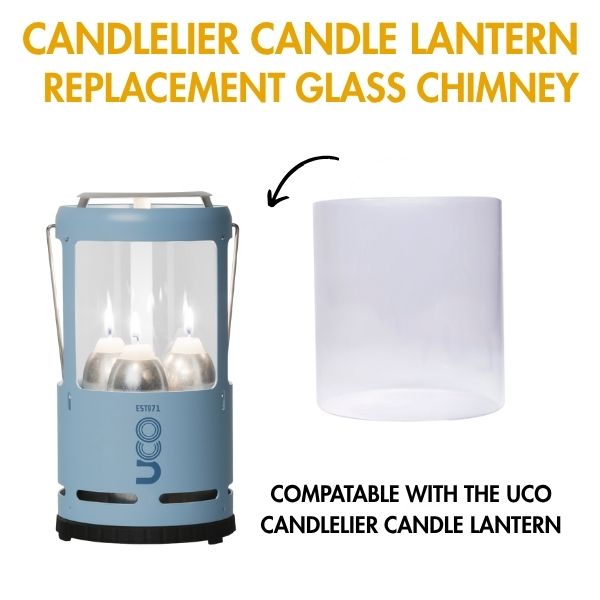 Infographic labeled 'Candlelier Candle Lantern Replacement Glass Chimney,' showing the chimney compatible with the UCO Candlelier candle lantern