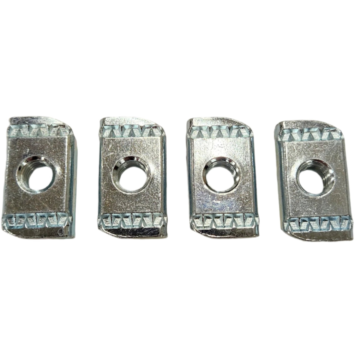 Four HMOR Utili-Track mounting nuts with toothed edges