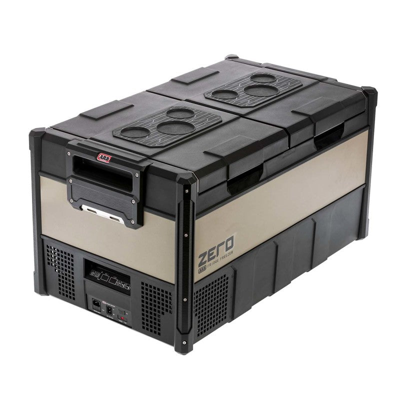 ARB Zero 101 quart fridge freezer with lid open showing baskets