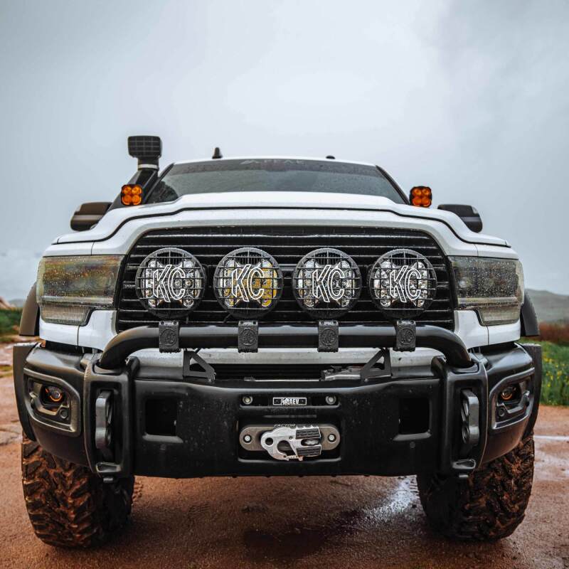 KC HiLiTES SlimLite 8in LED Stone Guard - Black, shown with included parts