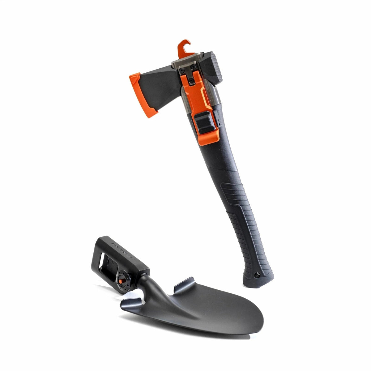 Adventure Mate multitool in axe configuration with orange hook and lock lever, shown beside the shovel head on white