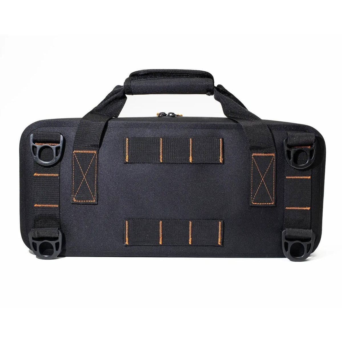 Back of the black Adventure Mate carry case showing webbing straps and D-ring tie-down points