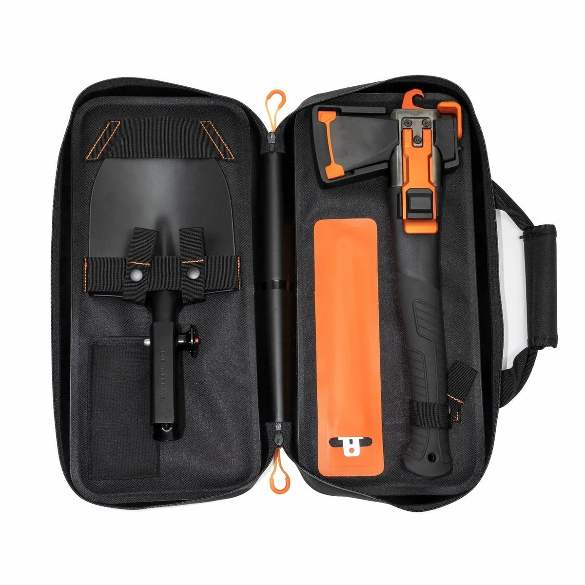 Open black zippered carry case holding the Adventure Mate shovel head, axe head on its handle, and an orange blade guard