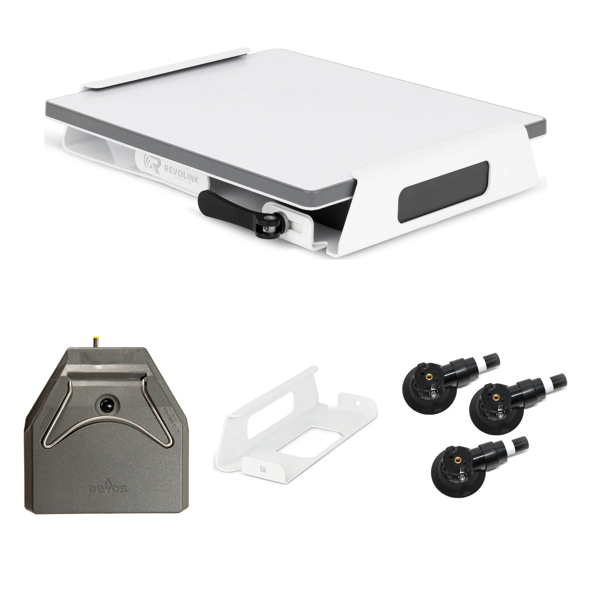 Revolink quick release mount with white battery bracket, Devos AMPak 145 battery and three suction cups