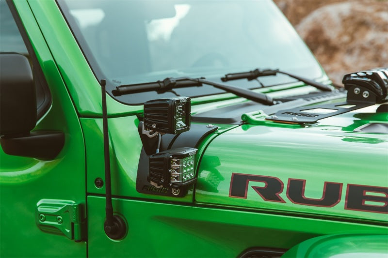 RIGID cowl mount holding D-Series LED pods on a Jeep Wrangler JL