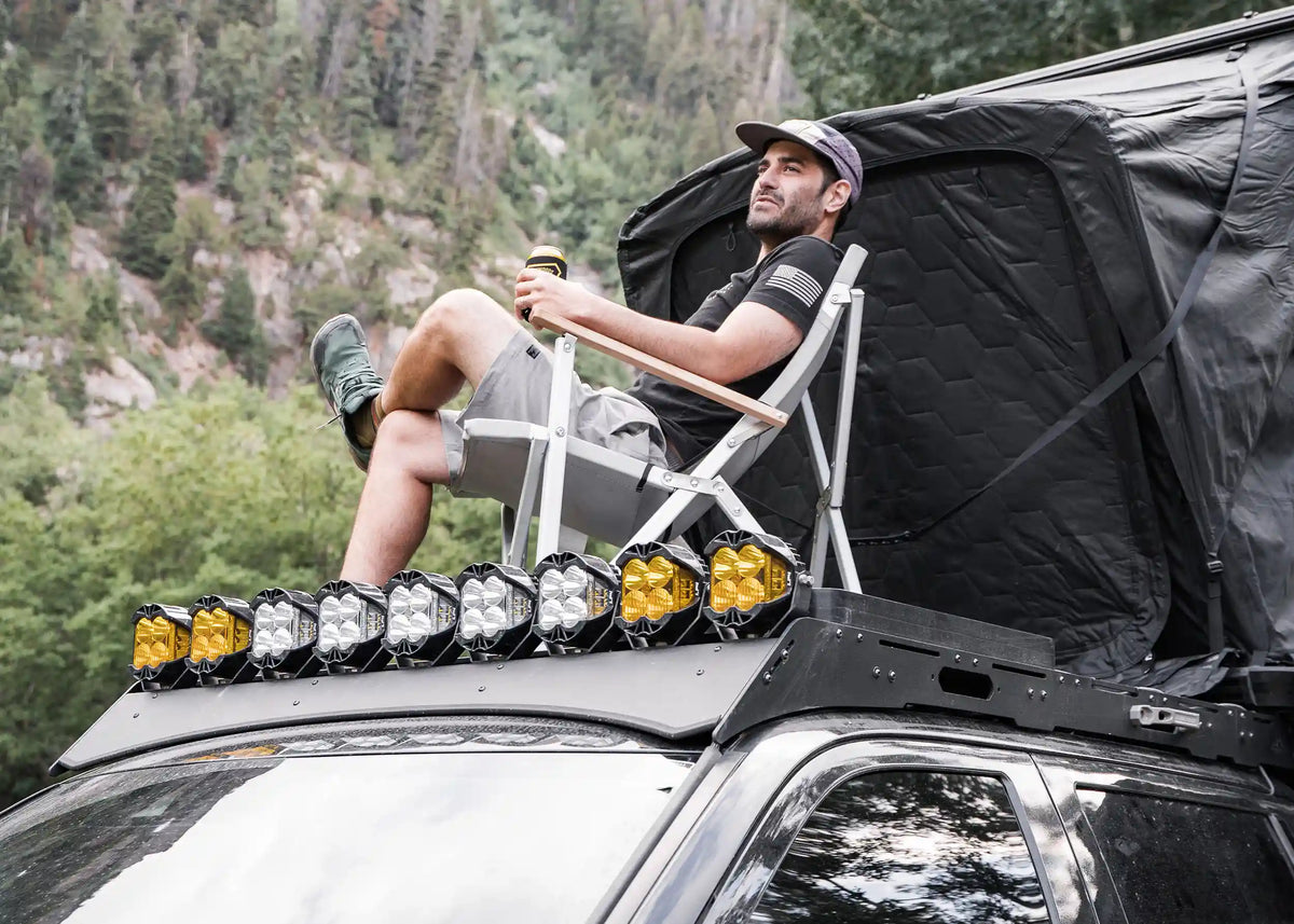 DRIFTR Toyota Tundra roof rack in use, loaded with adventure gear