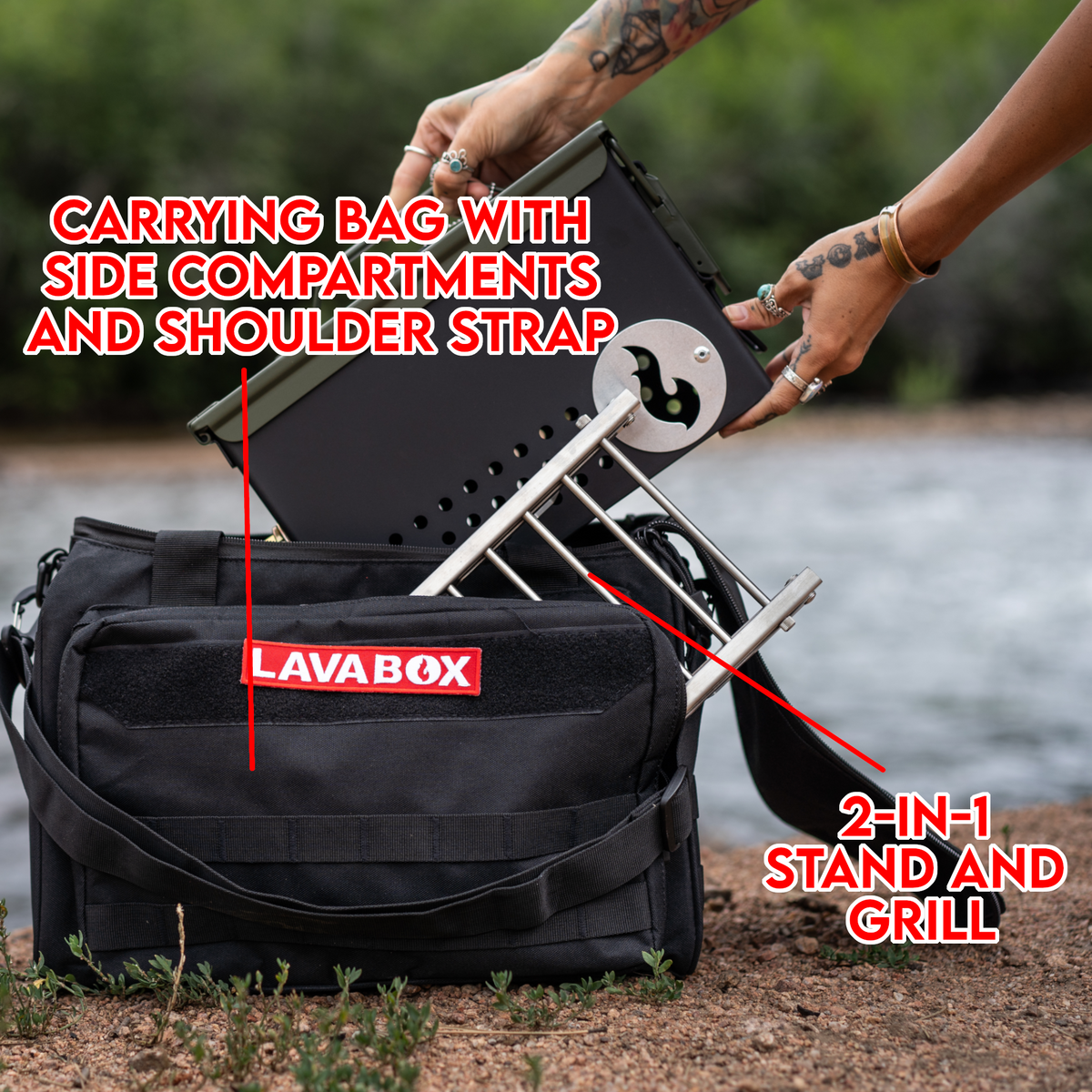 Outdoor photo of hands assembling a firebox's folding legs, with carry bag alongside and labeled callouts describing its carry bag and 2-in-1 stand and grill features