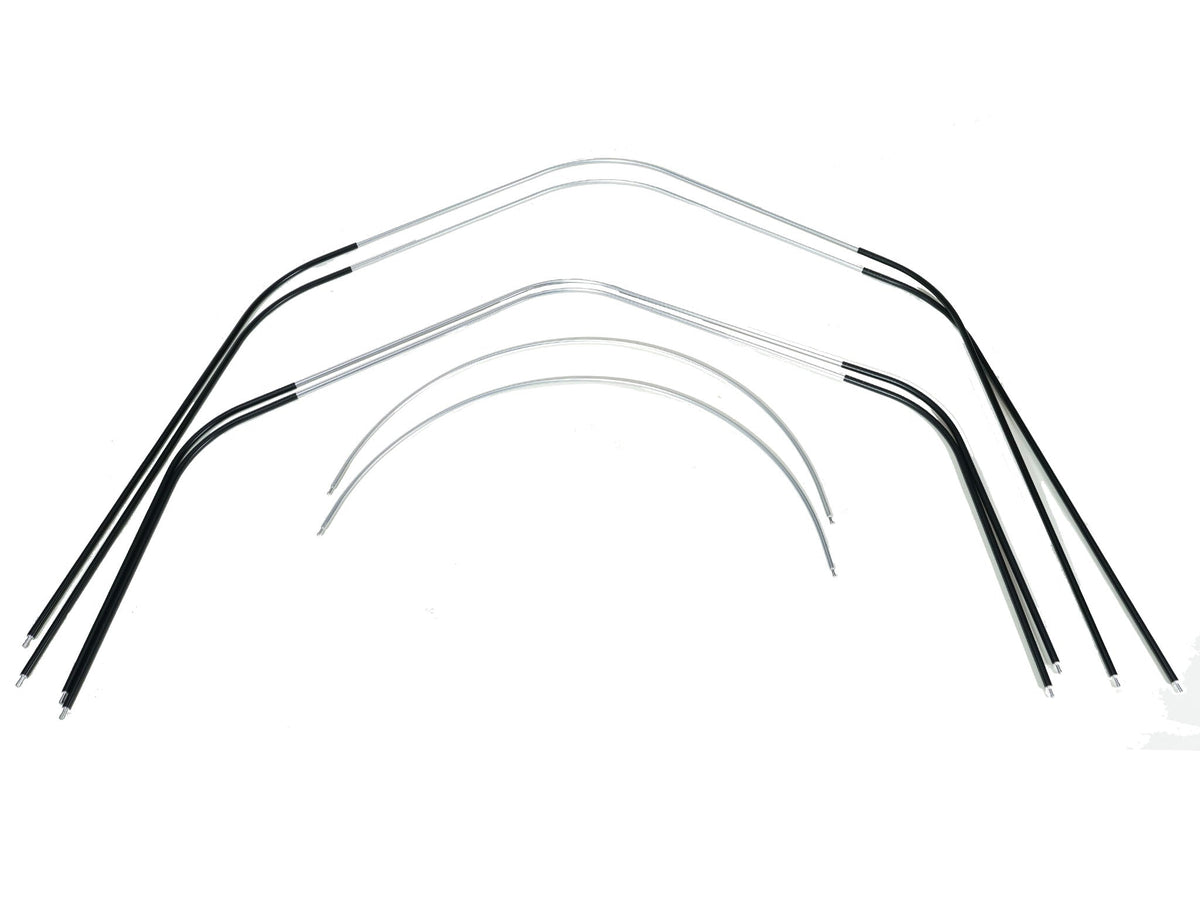 Arched black and silver anodized aluminum tent pole set for the C6 Outdoor Rev Tent, laid out on a white background