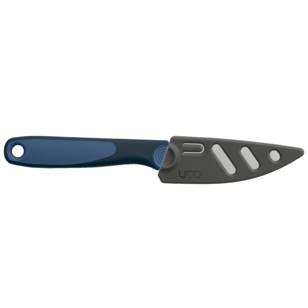 UCO Camp Paring Knife separated from its black sheath, both shown side by side