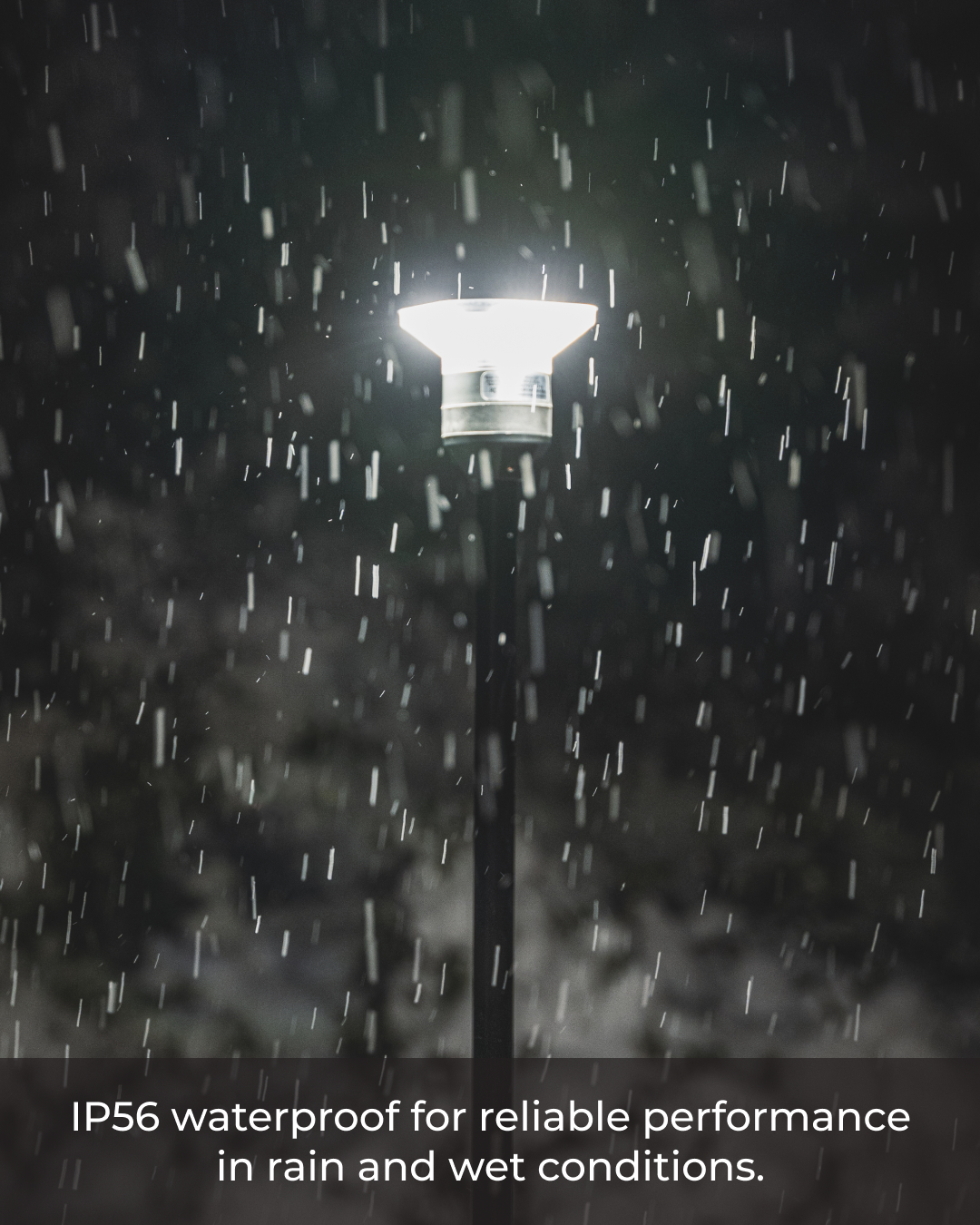 Street light illuminating in the rain with text 'IP56 waterproof for reliable performance in rain and wet conditions.'
