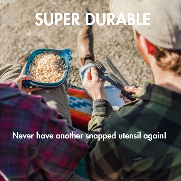 Man eating from a bowl outdoors using the UCO ECO utensils