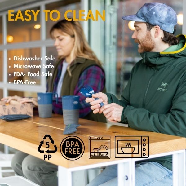 Infographic reading 'Super durable, easy to clean, dishwasher safe, microwave safe, FDA food safe, BPA free' with people using the utensils at a picnic table