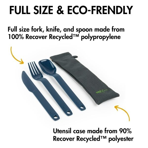 Infographic reading 'Full size and eco-friendly, full size fork knife and spoon made from 100% Recover recycled polypropylene, utensil case made from 90% Recover recycled polyester'