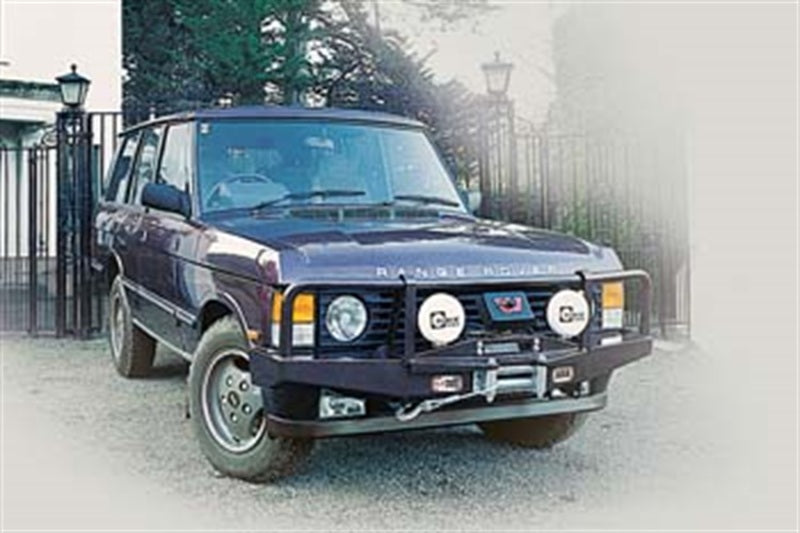 ARB winch bull bar fitted to a Land Rover Range Rover Classic, front three-quarter view