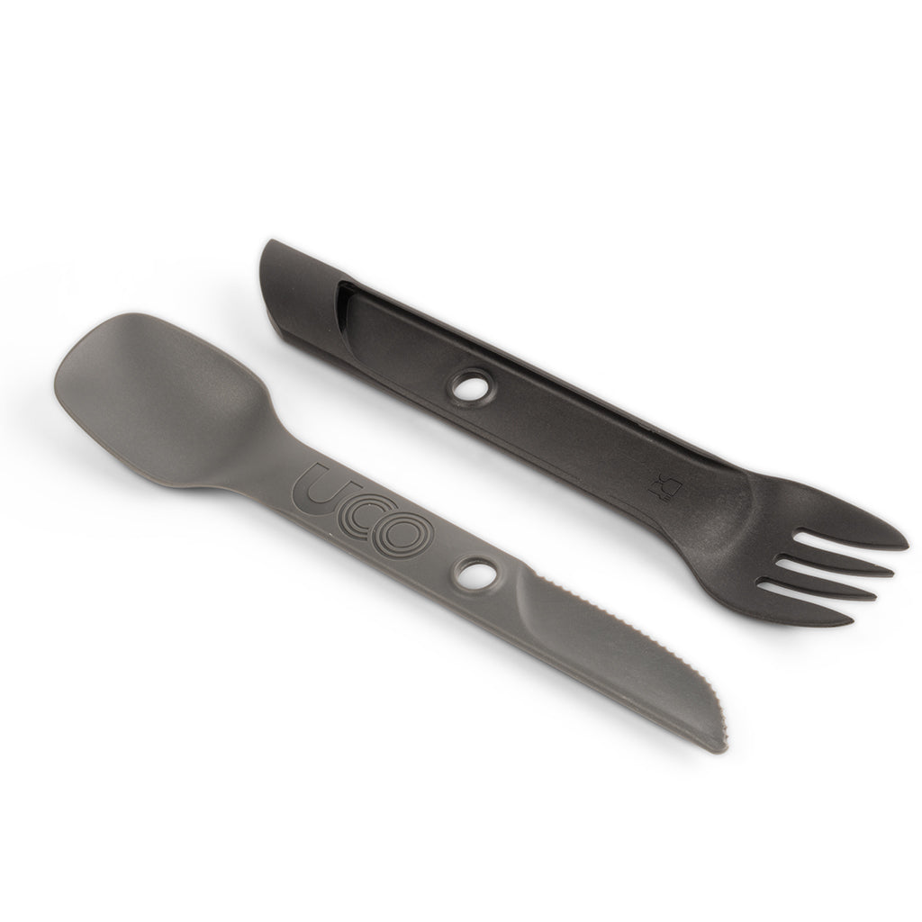 Gray UCO Switch Spork shown both folded and extended side by side