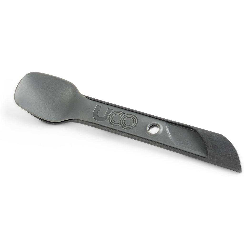 Gray-olive UCO Switch Spork shown folded in short eating mode