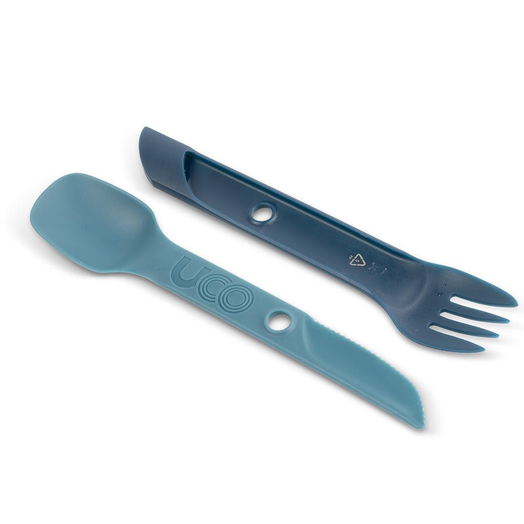 Navy teal UCO Switch Spork shown both folded and extended side by side