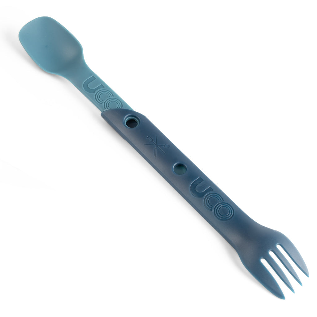 Navy blue UCO Switch Spork shown extended in long-handled mode