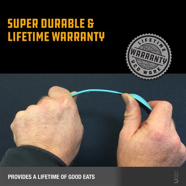 Infographic reading 'Super durable and lifetime warranty,' showing a hand flexing the Switch Spork