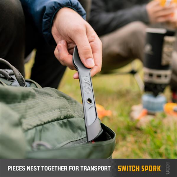 Hand holding a folded teal UCO Switch Spork clipped to a backpack strap