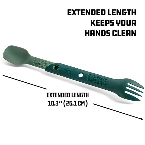 Forest green UCO Switch Spork shown folded in short eating mode