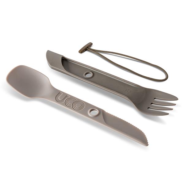 Gray UCO Switch Spork shown folded in short eating mode, product shot