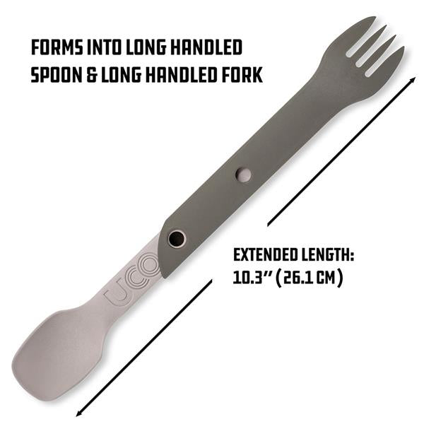 Infographic showing a sage green Switch Spork extended, text reads 'Forms into long handled spoon and fork'