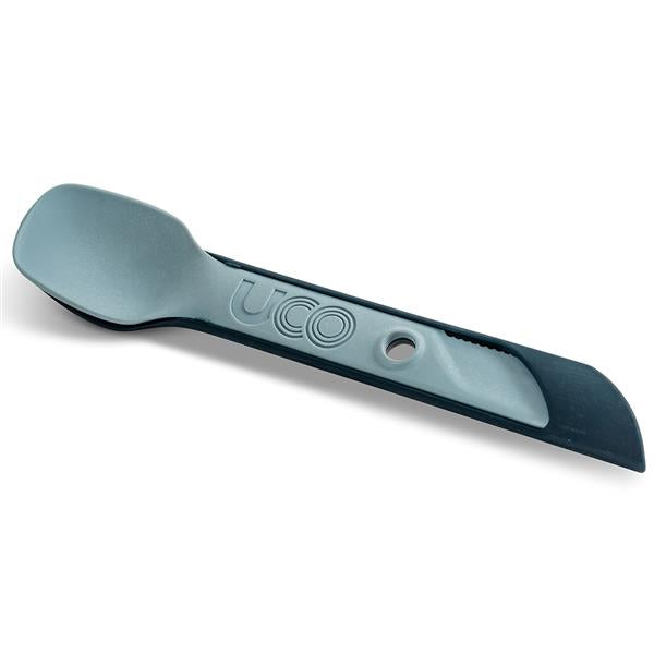 Ice blue UCO Switch Spork shown folded in short eating mode