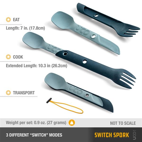 Hand using a green UCO Switch Spork to scoop food from a foil pouch