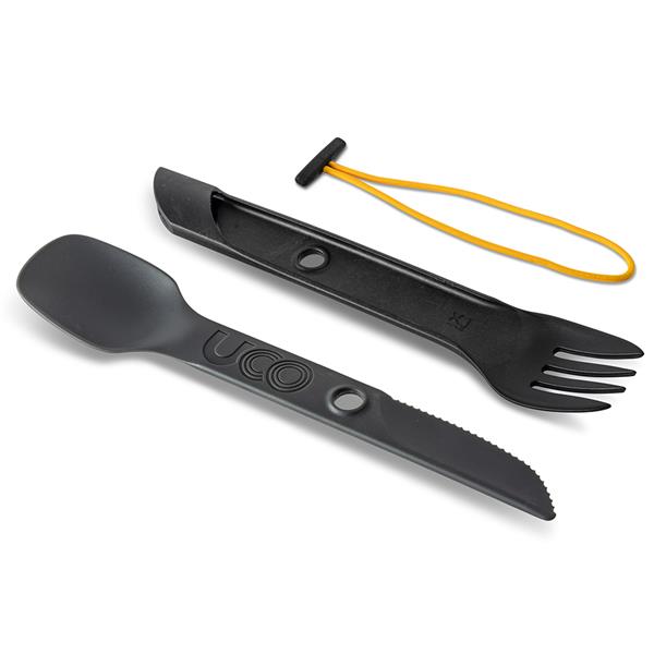 Black UCO Switch Spork shown both folded and extended side by side