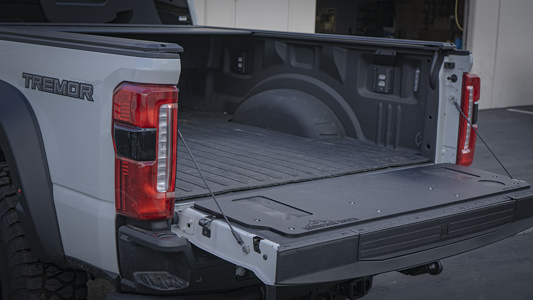 2023+ Super Duty Tremor from the rear with the Mountain Hatch tailgate table installed