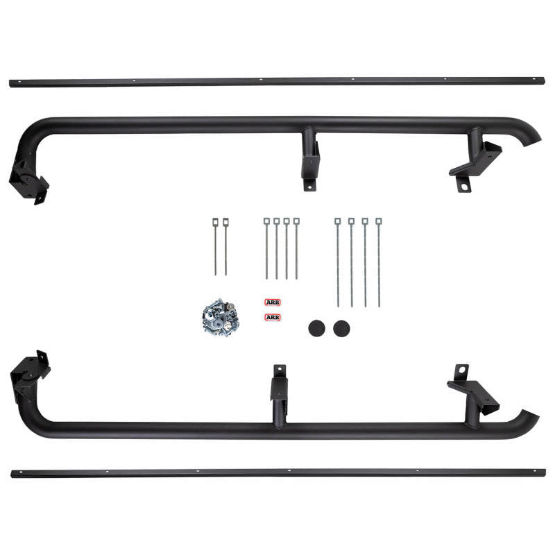 ARB textured rock sliders mounted along the rocker of a 4-door Jeep Wrangler JK