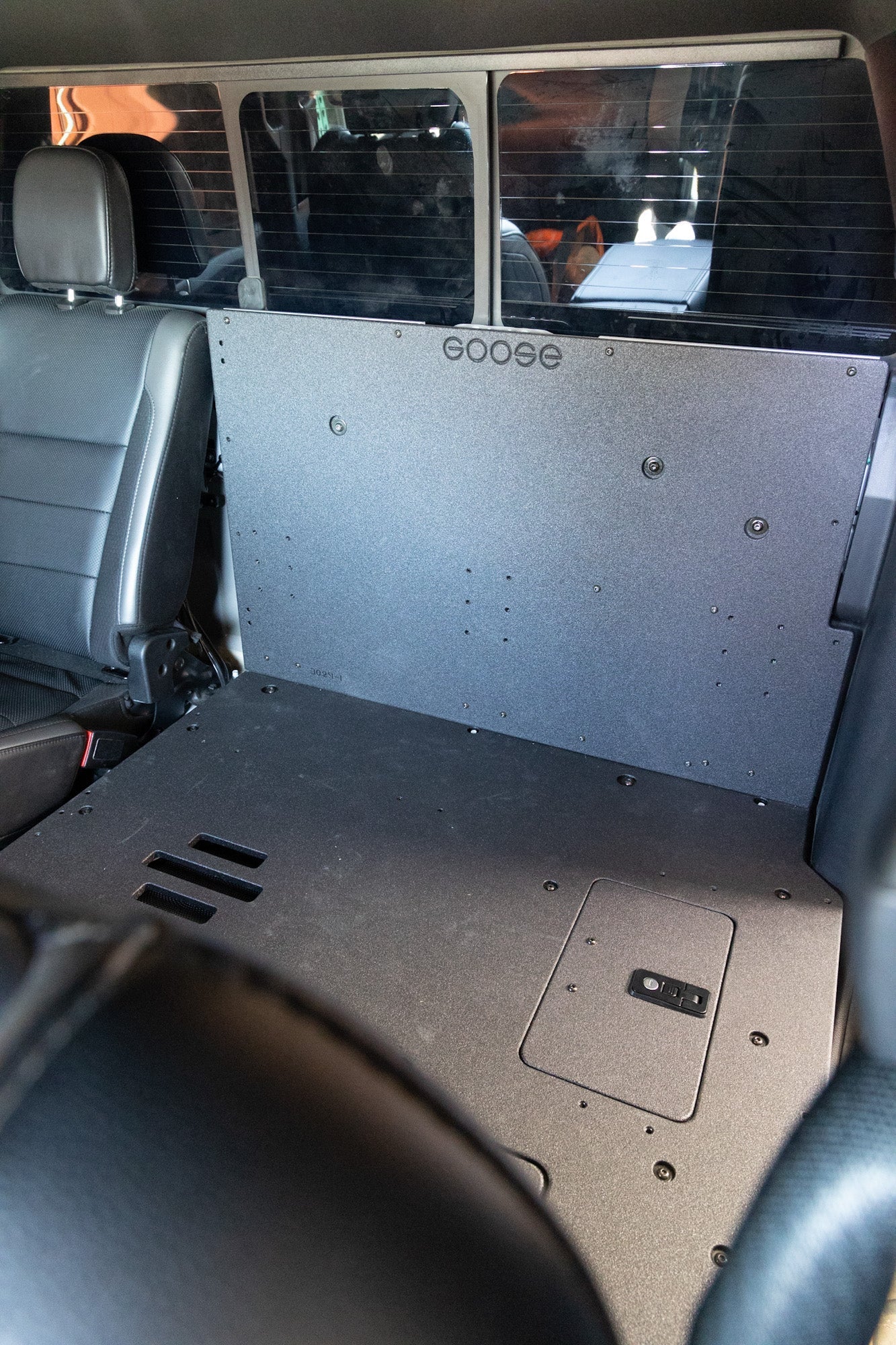 Ford Super Duty F250-F550 2017-Present 4th & 5th Gen. Crew Cab - Second Row Seat Delete Plate System 60% Drivers Side with Factory Subwoofer Seat Delete Plate System Goose Gear- Overland Kitted