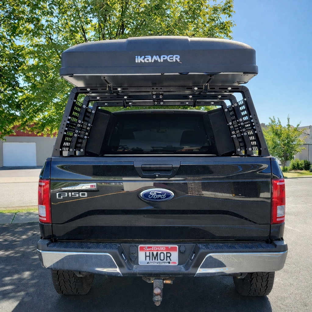 Rear view of F-150 with ROCK-IT rack and iKamper rooftop tent