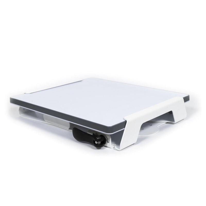 Starlink Mini Quick Release Mount top plate, white finish, angled hero shot showing the flat dish tray and side cam lever