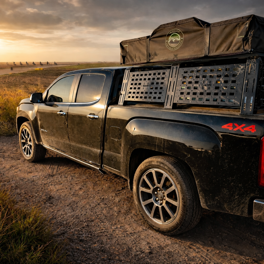 Black midsize GM pickup with HMOR ROCK-IT rack and rooftop tent at golden hour