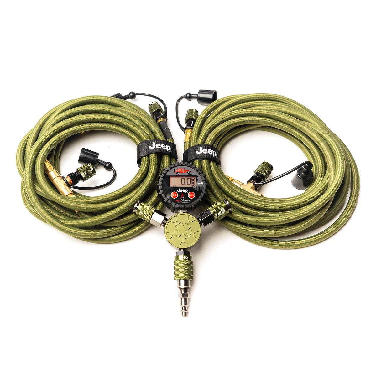 Jeep Rapid Multi-Tire Air System's two coiled braided hoses connected to the central Jeep-branded digital manifold