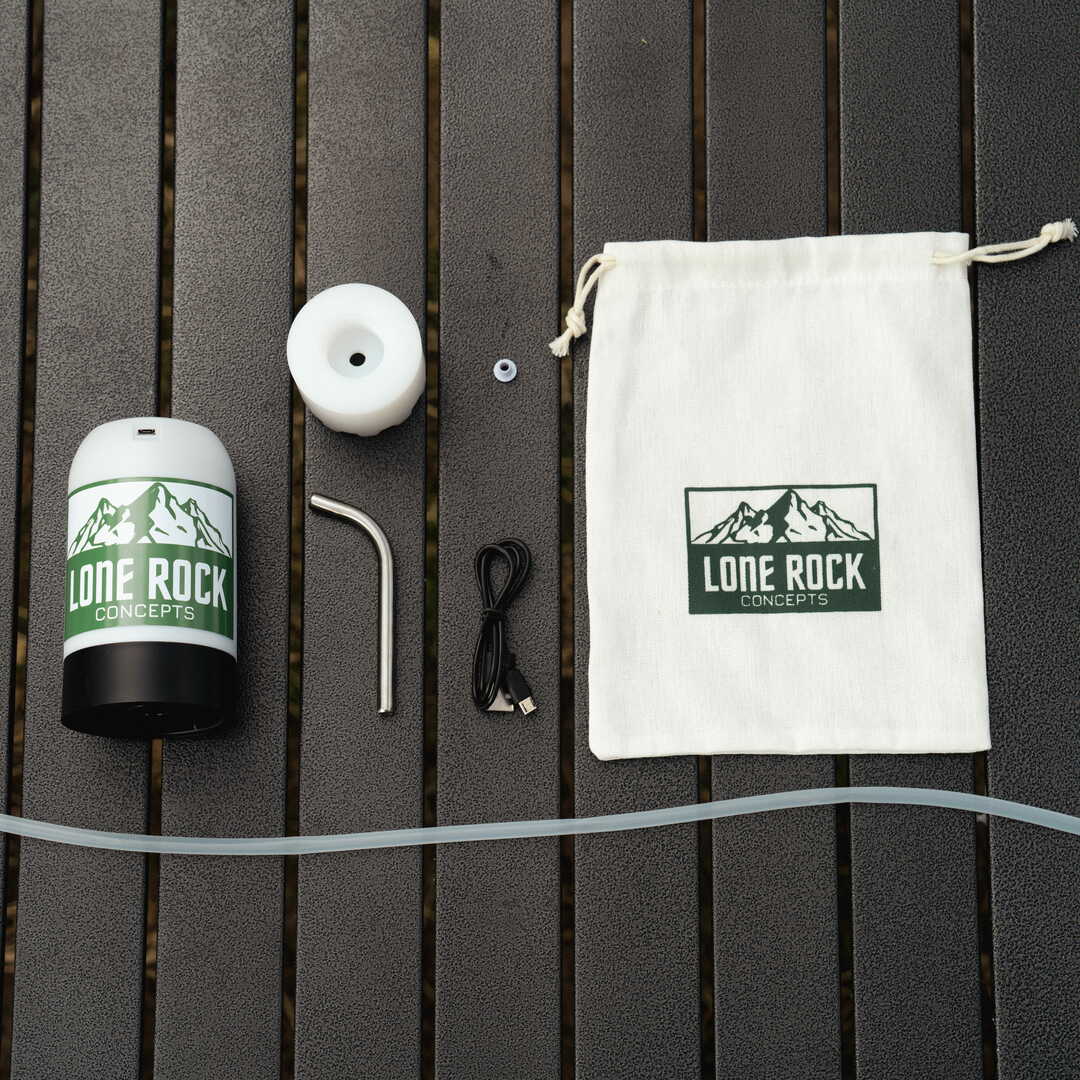 Scepter water pump kit contents: pump, CNC adapter, stainless spout, USB-C cable, silicone hose and storage pouch