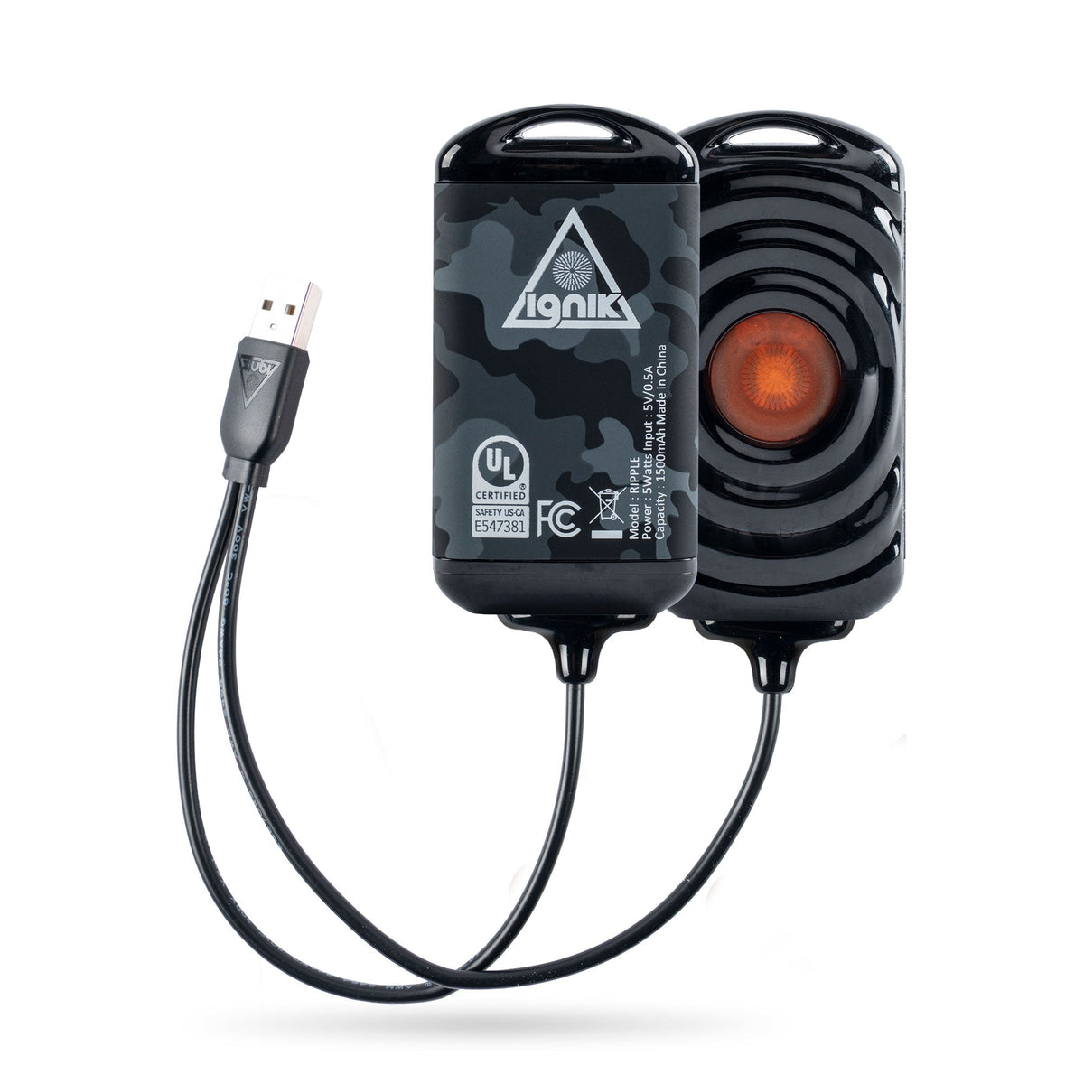 Pair of Ignik Ripple rechargeable hand warmers in black camo with a USB splitter charging cable