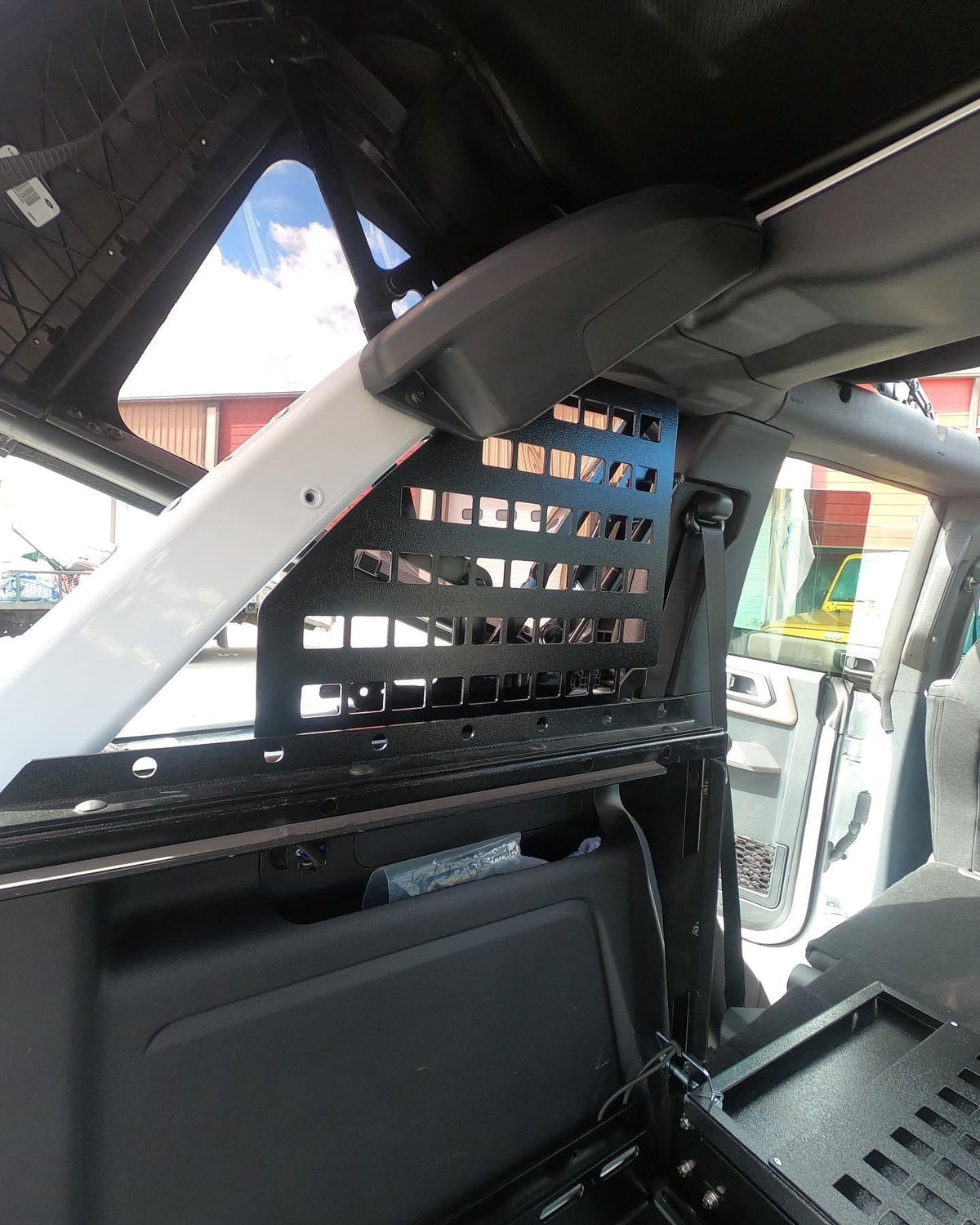Roll bar MOLLE panel viewed from inside the Bronco cargo area